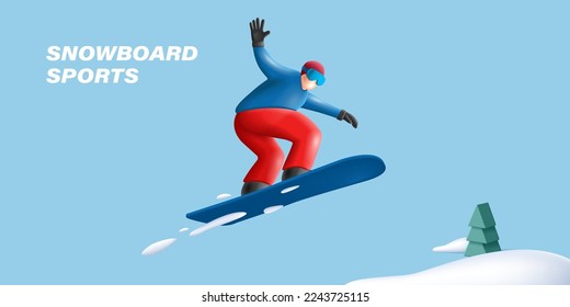 Snowboard jump race snowboarder 3d render character illustration poster, hi five gesture