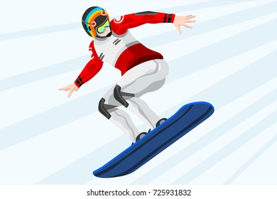 Snowboard jump race snowboarder athlete winter sport man vector 3D isometric icon.