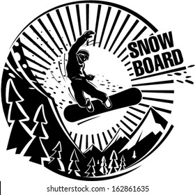 Snowboard jumping in mountains. Vector illustration in the engraving style