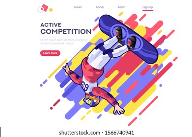 Snowboard, jumps in the nature. Male outdoors. Dangerous activity entertainment. Cool clothing for sportsman active. Clothe set. Competition, vacation, extreme road,or  winter landscape illustration for young people