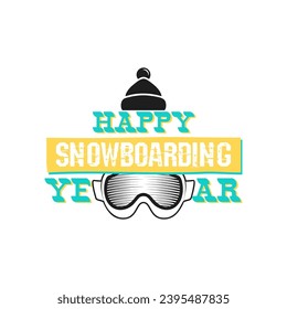 Snowboard logo design graphics. Happy snowboarding year label. Winter badge with glasses and hat. Stock vector insignia