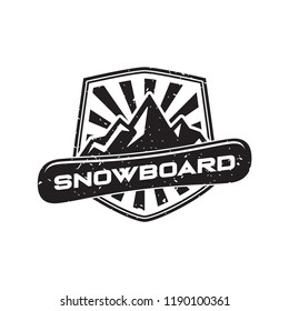 Logo de snowboard, ilustración vectorial, diseño de emblema sobre fondo blanco. Snowboarding plantillas de etiquetas y logotipos extremos. Insignia de la tienda deportiva de snowboard con efecto retro grunge. Vector EPS 10