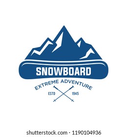 Snowboard logo, vector illustration, emblem design on white background. Snowboarding extreme logo and label templates. Winter snowboard sport store badge. Emblem and icon. Mountain Adventure insignia,