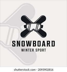 Snowboard Logo Vintage Vector Illustration Template Icon Graphic Design. Ski Goggles And Board Symbol Or Sign For Winter Sport Shop Or Business 