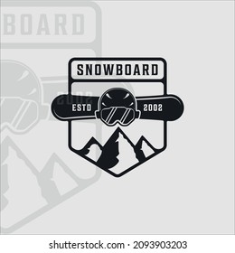 Snowboard Logo Vintage Vector Illustration Template Icon Graphic Design. Helmet Board And Ski Goggles Sign Or Symbol For Travel And Winter Sport Shop With Retro Badge