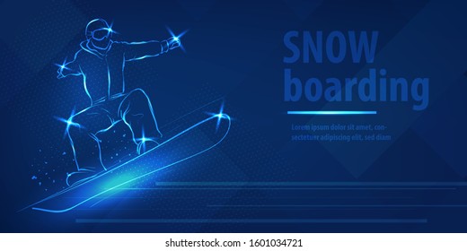 Snowboard man figure jumping winter sport. Blue neon horizontal banner. Olympic winter games. Snowboard speed action. Man figure skating. Snowboarder skier blue neon winter sport vector background