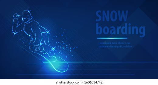 Snowboard man figure jumping winter sport. Blue neon horizontal banner. Olympic winter games. Snowboard speed action. Man figure skating. Snowboarder skier blue neon winter sport vector background