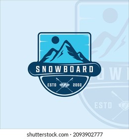 snowboard and mountain logo vector illustration template icon graphic design. landscape for winter sport symbol or sign with badge