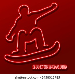 snowboard neon sign, modern glowing banner design, colorful modern design trend on black background. Vector illustration.
