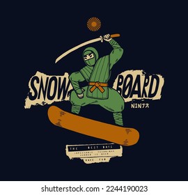 Snowboard ninja. Snowboarder with katana riding snowboard. Winter sports vintage typography silkscreen t-shirt print vector illustration.