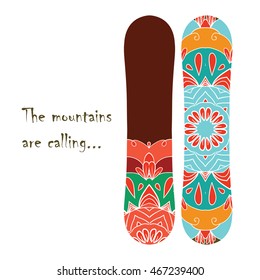 Snowboard pattern with flower mandala. Editable template in vector. 
