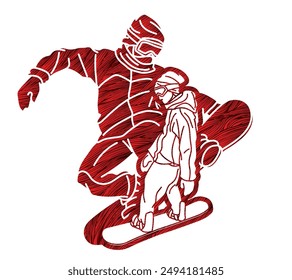Snowboard Players Mix Action Extreme Sport Snowboarder Cartoon Graphic Vector