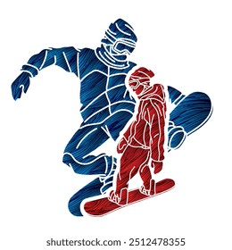 Snowboard Players Mix Action Group of Snowboarder Cartoon Extreme Sport Graphic Vector