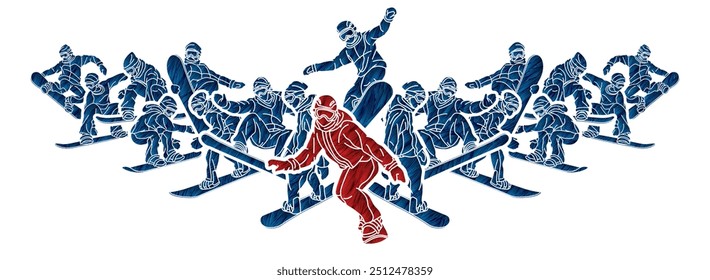 Snowboard Players Mix Action Group of Snowboarder Cartoon Extreme Sport Graphic Vector