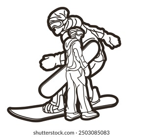 Snowboard Players Mix Action Snowboarder Pose Extreme Sport Cartoon Graphic Vector