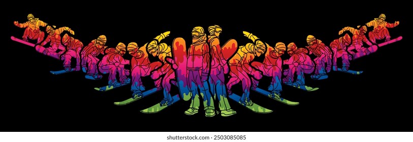 Snowboard Players Mix Action Snowboarder Pose Extreme Sport Cartoon Graphic Vector