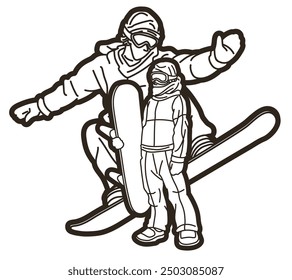 Snowboard Players Mix Action Snowboarder Pose Extreme Sport Cartoon Graphic Vector