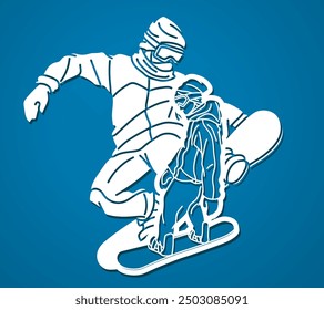 Snowboard Players Mix Action Snowboarder Pose Extreme Sport Cartoon Graphic Vector