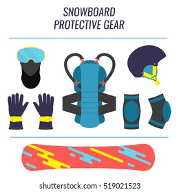 Snowboard protective gear icon set. Safety equipment tools isolated on white background. Winter sport concept. Vector illustration.