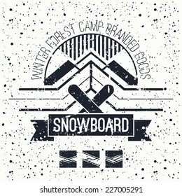 Snowboard retro emblem and design elements. Graphic design for t-shirt.  Black print on a  white background