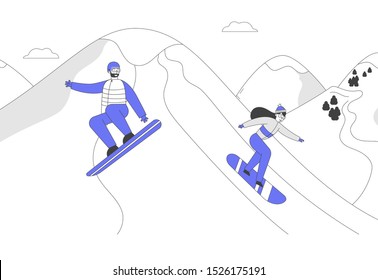 Snowboard Riders Characters Having Fun and Winter Mountain Sports Activity. Adult People Dressed in Winter Clothing Snowboarding. Resort Sport Spare Time. Cartoon Flat Vector Illustration, Line Art