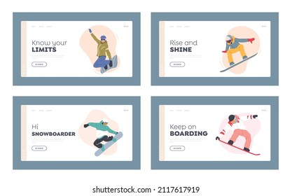 Snowboard Riders Having Fun Landing Page Template Set. People Dressed in Winter Clothing Snowboarding. Winter Mountain Sports Activity. Resort Sport Sparetime. Cartoon Vector Illustration