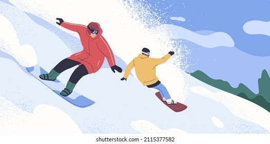 Snowboard riders sliding down slope at winter mountain resort. People riding snow boards on holidays. Snowy landscape with snowboarders. Sport leisure activity in Alps. Flat vector illustration