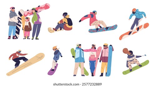 Snowboard riders. Snowboarder friends or family group, winter fun extreme active sport people ski resort outdoor alps mountain, snow board skiing set classy vector illustration original artwork