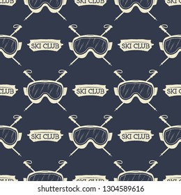 Snowboard seamless background. Winter ski pattern design with snowboards mask goggles and typography elements. Stock vector. Monochrome style