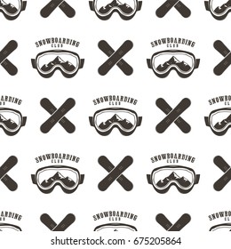 Snowboard seamless background. Winter ski pattern design with boards, snowboards mask and typography elements. Stock vector isolated on white. Monochrome style.