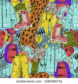 Snowboard seamless pattern. Elements of equipment for extreme sports in a hand drawn style.