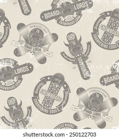 Snowboard seamless pattern. Endless background of grunge snowboarding logos. Shabby effect in a separate group.