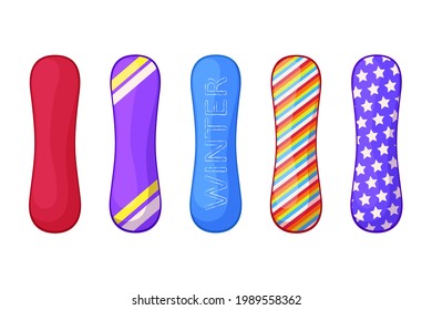 Snowboard set in cartoon style. Vector illustration collection of boards for skating. Isolated on white background. Sport equipment
