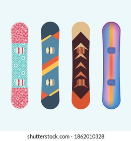 A snowboard set . consists of 4 snowboard vectors . You can edit and recolor it.