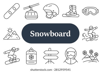 Snowboard set icon. Board element, cable lift, helmet gear, boots pair, goggles mask, mountain landscape, snowboarder motion, equipment tag, direction sign, winter sport icons.