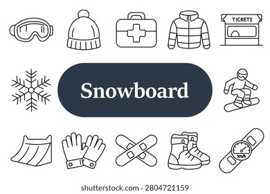 Snowboard set icon. Goggles mask, winter hat, medical kit, jacket clothing, ticket booth, snowflake symbol, snowboard rider, slope ramp, gloves pair, board equipment, boots, speed gauge icons