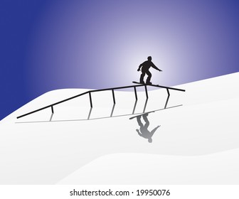 Snowboard Silhouette Rail Sliding On A Moon Lit Night.