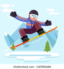 Snowboard skate geek character hipster winter sport ride flat design vector illustration