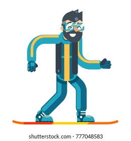 Snowboard Skate Happy Smiling Man Geek Hipster Character Winter Sport Ride Icon Symbol Flat Design Vector Illustration