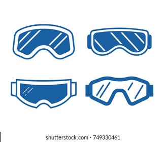 Snowboard or ski goggles icons set in line style. Skiing or snowboarding face protection glasses logo or label template in outline design.