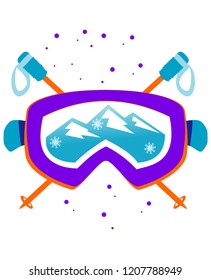 Snowboard or ski goggles and Ski sticks Skiing or snowboarding face protection glasses vector icon. Winter sport goggle