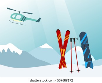 Snowboard and Ski in the Ski Mountain Resort, helicopter Vector illustration