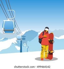 snowboard and ski resort theme illustration. Snowboarder stands in the mountains with snowboard. Mountains and sky on the background. Vector illustration on the theme of extreme and winter sports