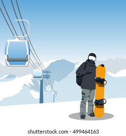 snowboard and ski resort theme illustration. Snowboarder stands in the mountains with snowboard. Mountains and sky on the background. Vector illustration on the theme of extreme and winter sports