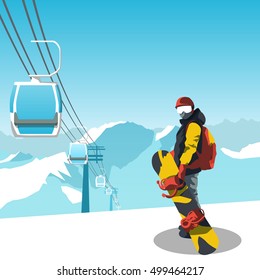 snowboard and ski resort theme illustration. Snowboarder stands in the mountains with snowboard. Mountains and sky on the background. Vector illustration on the theme of extreme and winter sports