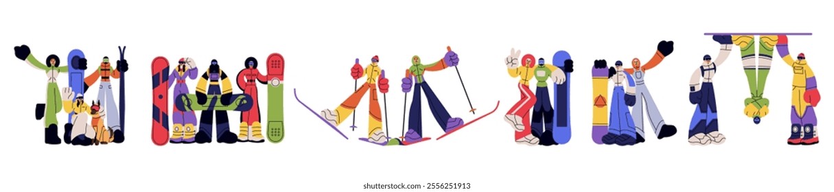 Snowboard, ski rider. Winter sports outdoors. Woman and man on snow, happy couple, group of people. Mountain vacation. Extreme activity on holiday. Vector cartoon flat isolated character illustration