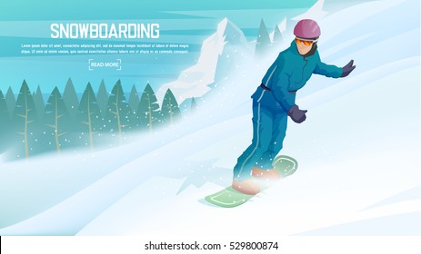 Snowboard. Snowboarder running downhill. Sportsman slope for Snowboarding down from the mountain