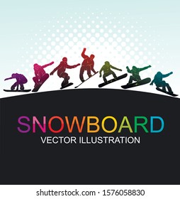 Snowboard, snowboarders, snowboarding extreme winter sport people silhouettes vector illustration, riding a board, tricks