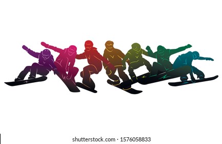 Snowboard, snowboarders, snowboarding extreme winter sport people silhouettes vector illustration, riding a board, tricks