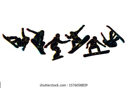 Snowboard, snowboarders, snowboarding extreme winter sport people silhouettes vector illustration, riding a board, tricks